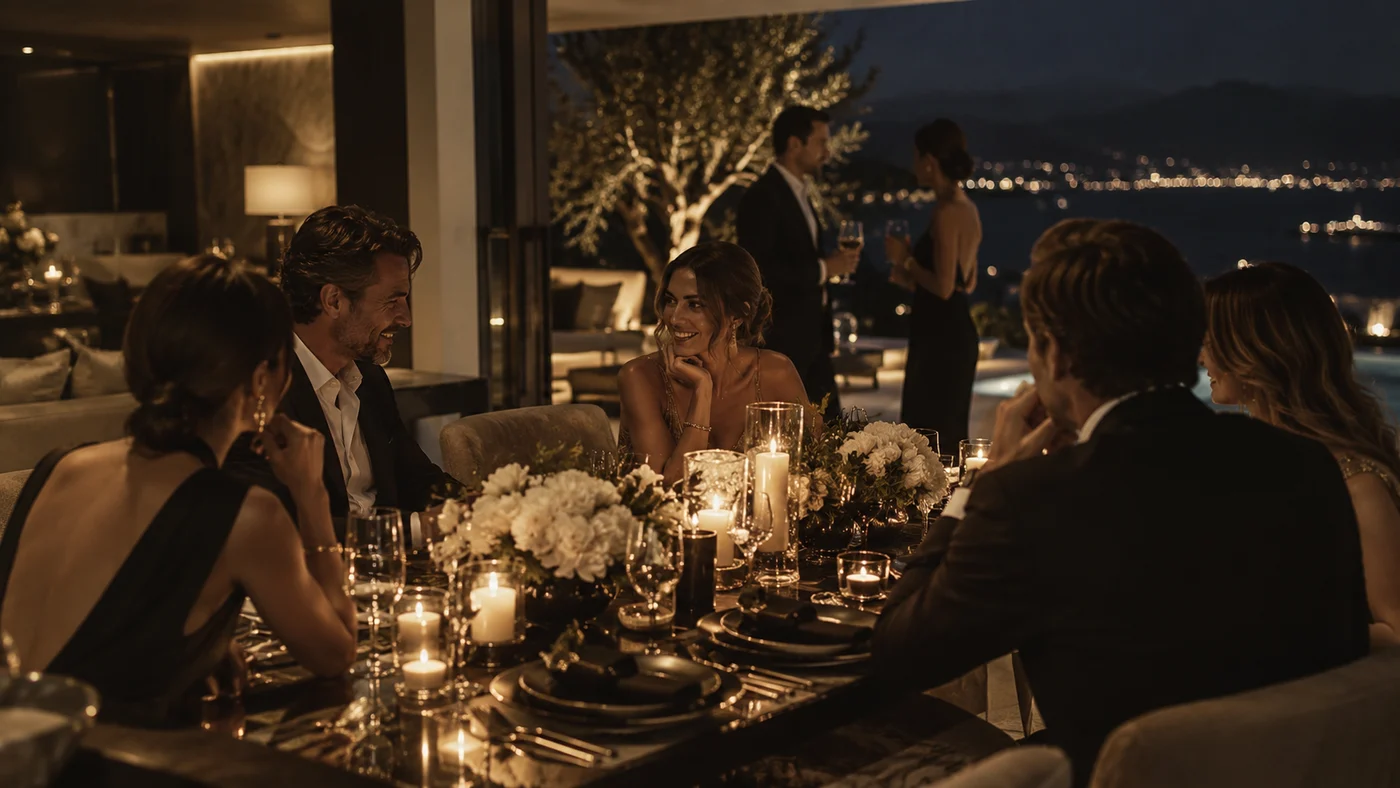 Guests share a candlelit private dinner at a luxury residence.