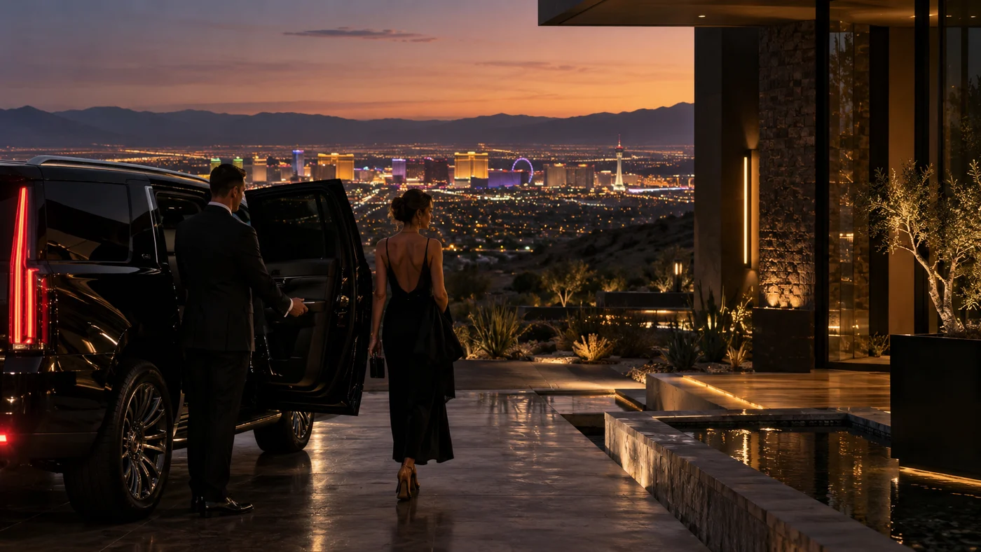 A guest arrives with a professional driver at a private residence overlooking Las Vegas.