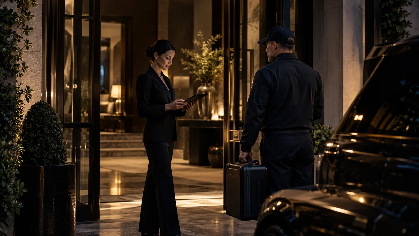 A residence coordinator reviews a tablet with a technician at a private home entrance.