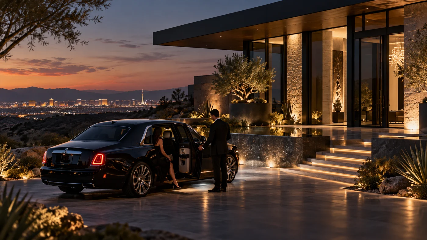 A guest is welcomed from a luxury car at a modern Las Vegas home at sunset.