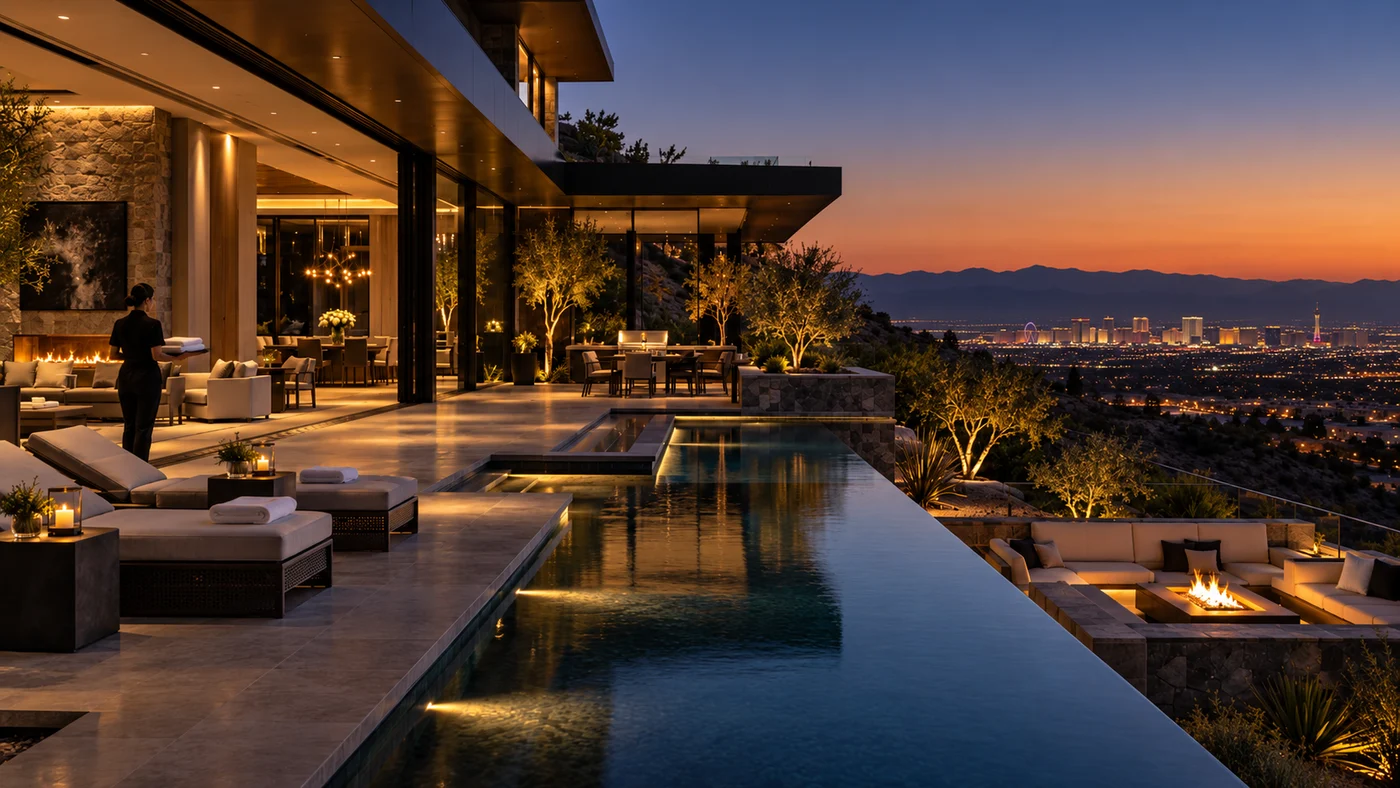 A member of the household team prepares a luxury Las Vegas residence beside the pool.