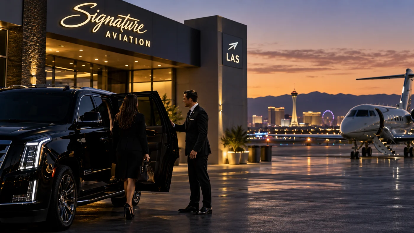 An arriving guest is welcomed beside a black SUV at a private aviation terminal in Las Vegas.